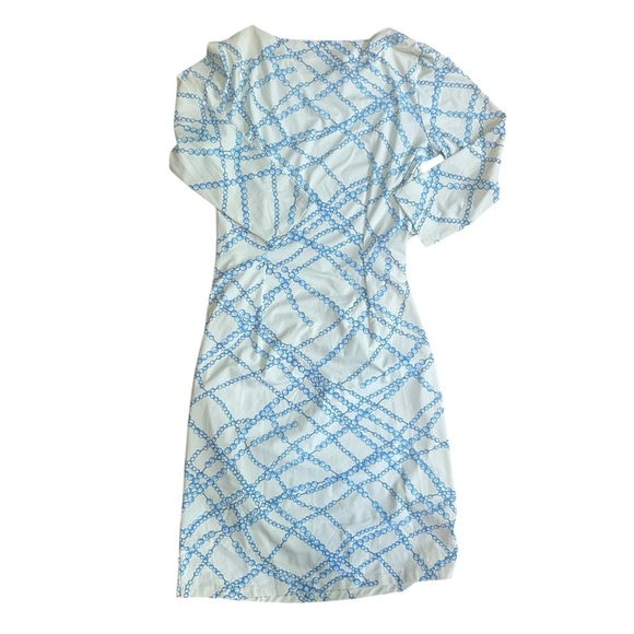 J. McLaughlin White and Blue Chain Print Dress Size Small Ruched 3/4 Sleeve - Picture 6 of 8